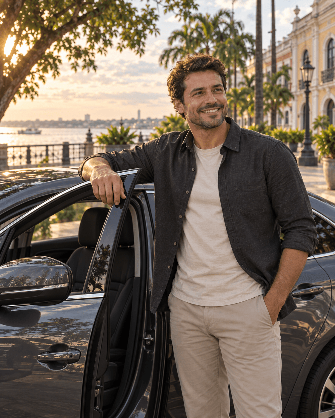 Motorista BYTE Driver homem branco, profissional e satisfeito, ao lado de um carro grafite novo